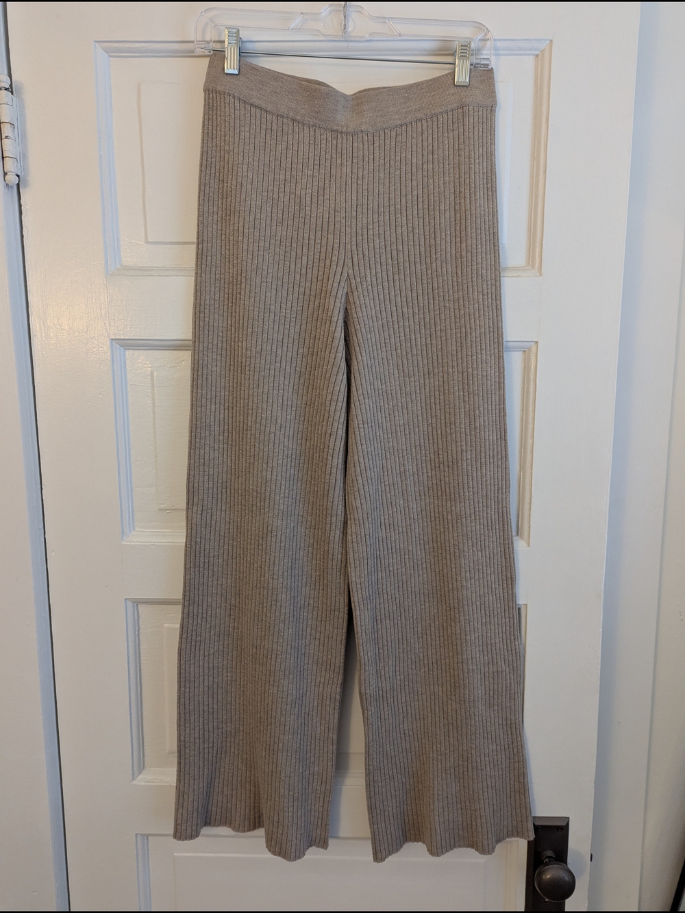 Ribbed Wide-Leg Knit Pants in Light Taupe